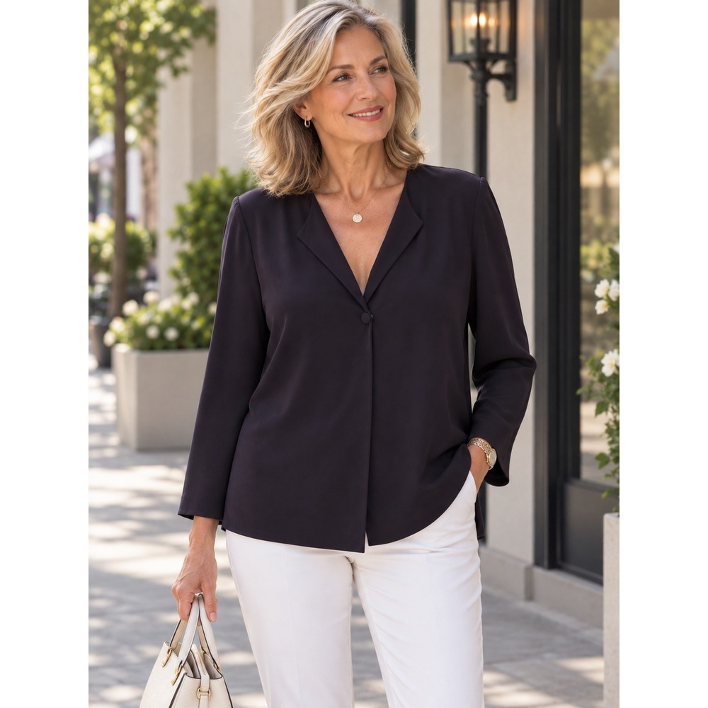 Eileen Fisher Womens Silk Blouse Notch Neck Navy Blue Relaxed Fit Size S Top